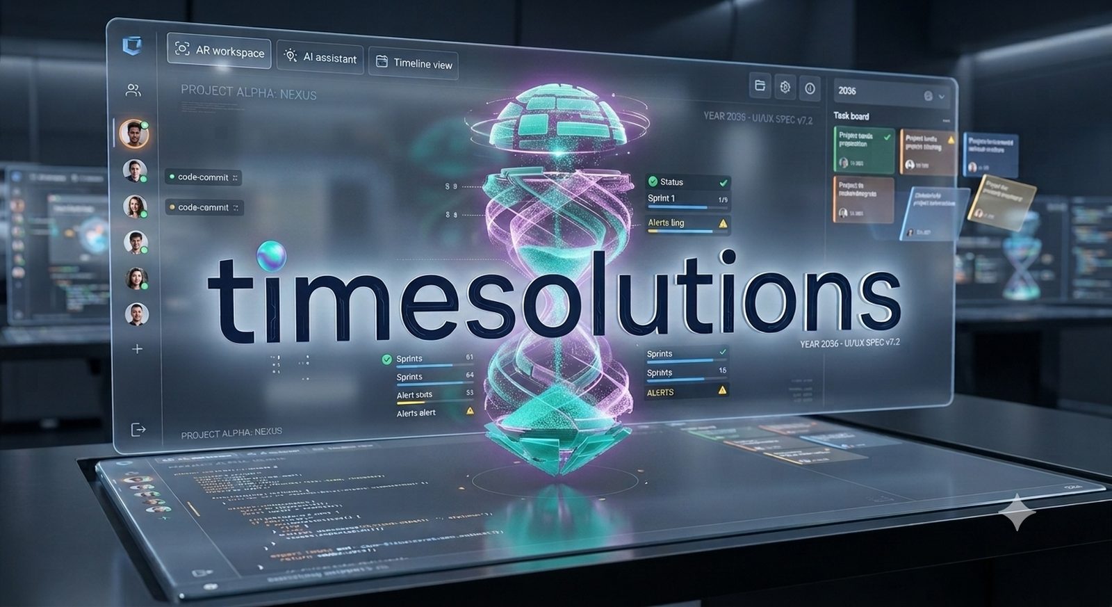 A holographic command center showing live task boards, sprint status and alerts around the Time Solutions hourglass